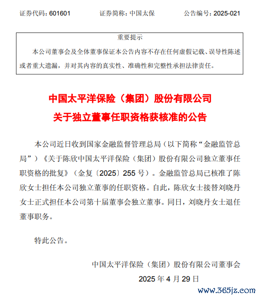 网络平台配资 中国太保：陈欣担任独立董事的任职资格获核准
